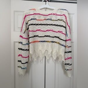 Wild Honey Striped Distressed Cropped Knit Sweater - Medium
